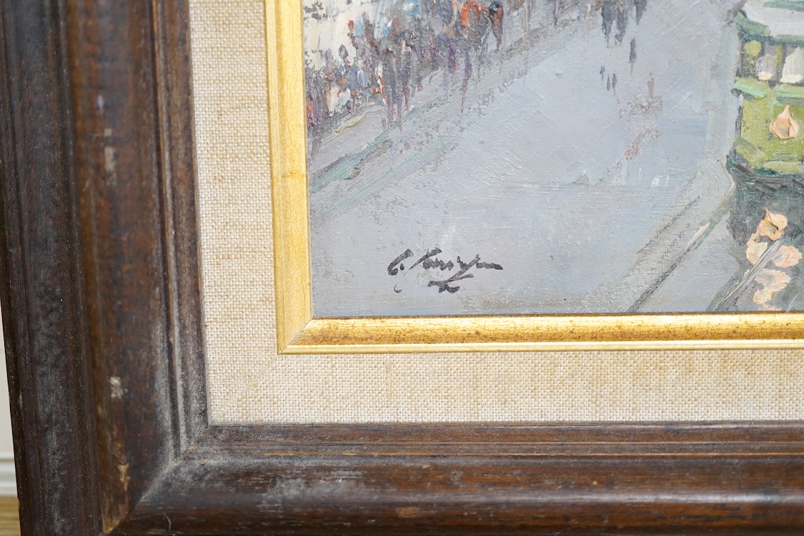 Impressionist School, Busy London street scene, indistinctly signed lower left, oil on canvas, 39 x 38cm